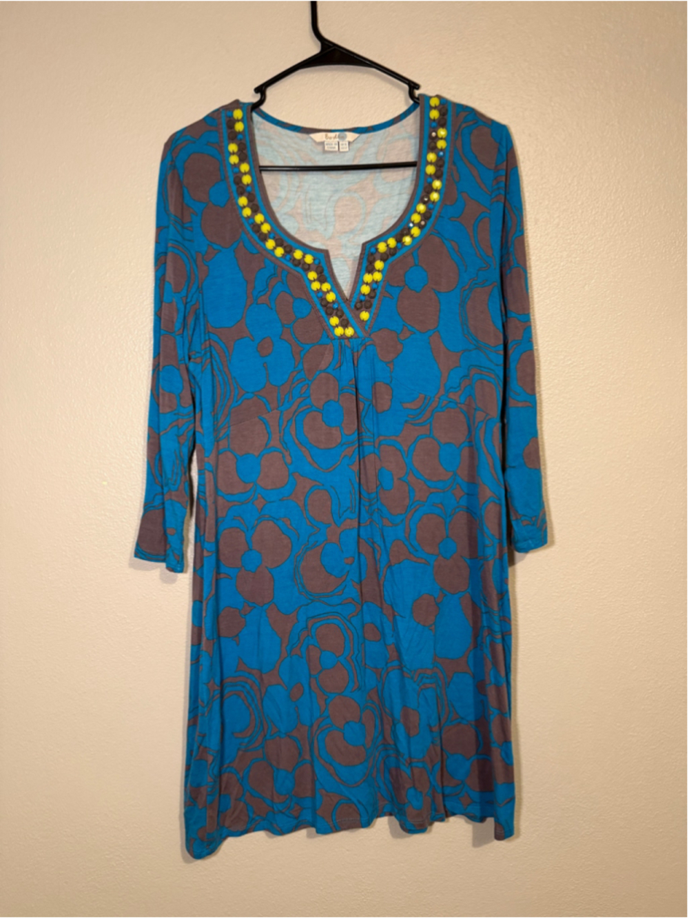 Boden Blue Floral Beaded Tunic Mini Dress US 12